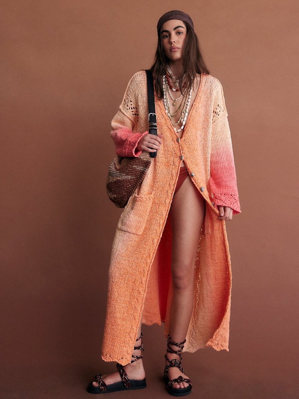 Free People Coastal Maxi Cardi, Coral Rose Combo M